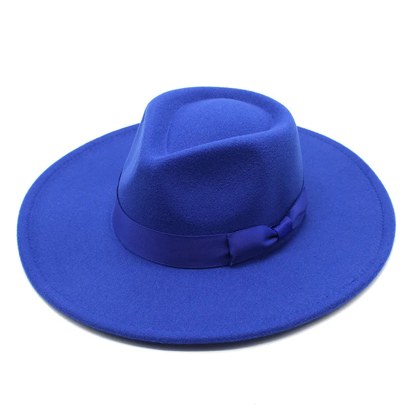 Wholesale Hot Sale Designer Fashion Faux Wool Felt Cotton Polyester Flat Wide Brim Fedora Hats for Women Lady Festival Activity