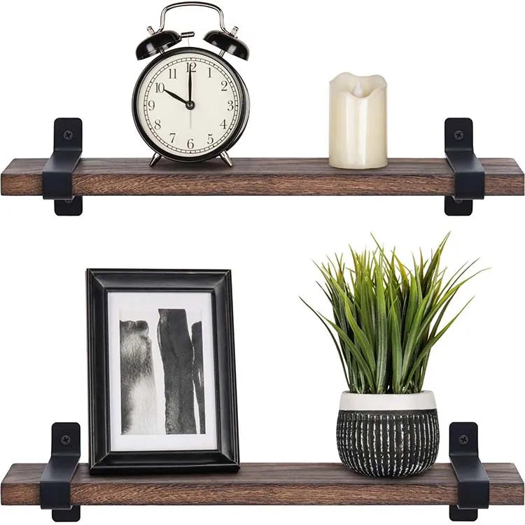 Rustic Wood Floating Industrial Mounted Shelving 2 Set Wall Storage Shelves Brackets Bedroom Living Room Kitchen Dining CNLF