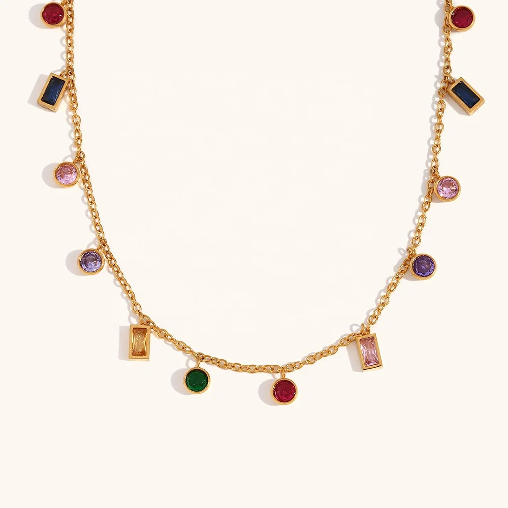 Dingran Christmas Jewelry Colorful Zircon Necklaces Stainless Steel Gold Plated Necklaces for Gift