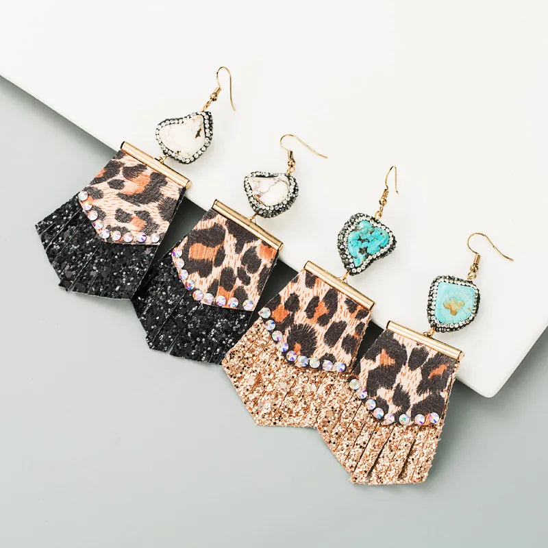 Christmas Bohemian Style Gold Plated Drop Earrings with Turquoise Howlite Stone and Rhinestone Tassel for Women