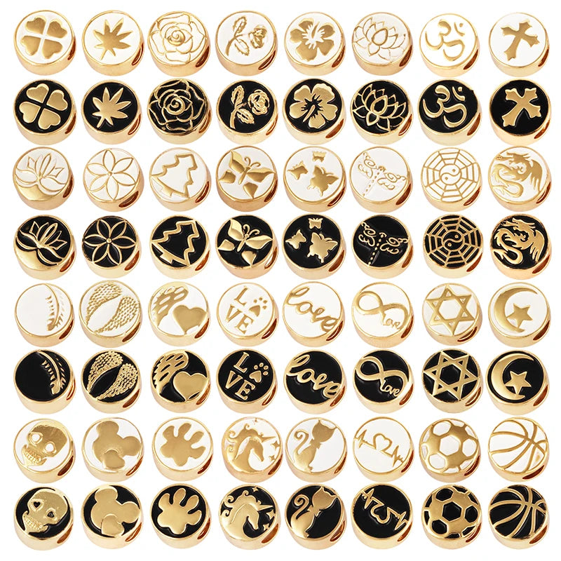 Dragon Cat Football Basketball Skull Cross Star Space BeadsFlat Round Black White Beads Clover Rose Flower Bracelet Charms L88