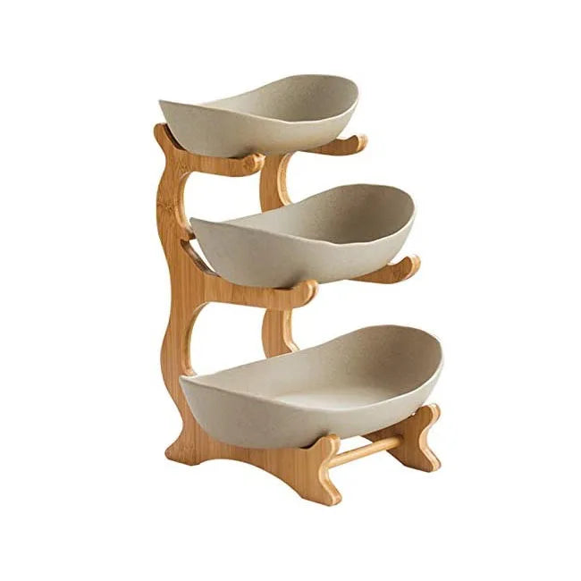 3 Tier Bamboo Wood Fruit Basket Holder Porcelain Fruit Bowl Fruit Veg Snacks