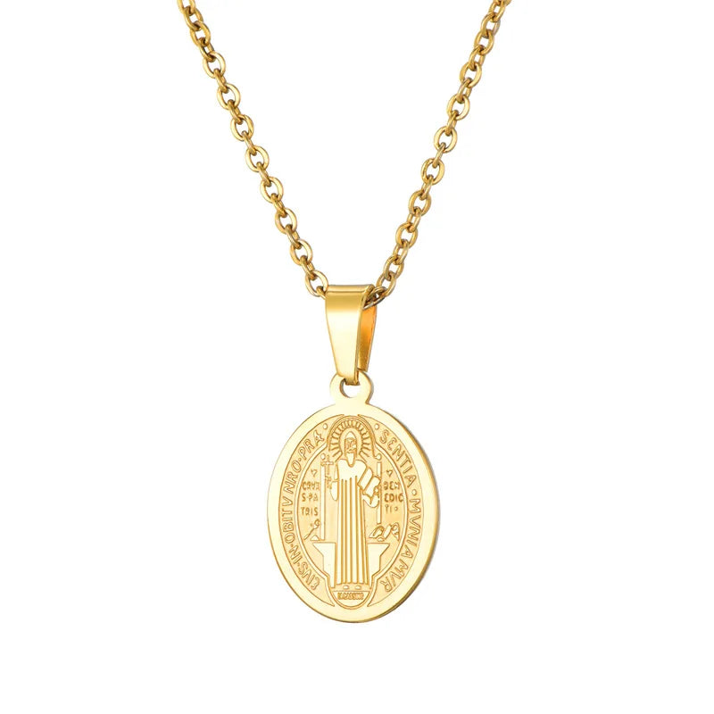 Gold Plated Stainless Steel Necklace Sacred Catholicism Priest Necklace Saint Benedict Portrait Necklace Religious Jewelry