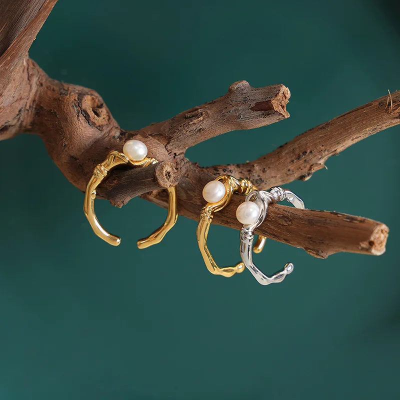 Personality Jewelry Irregular Stainless Steel Ring Inlaid Freshwater Pearl Open Gold Plated Ring