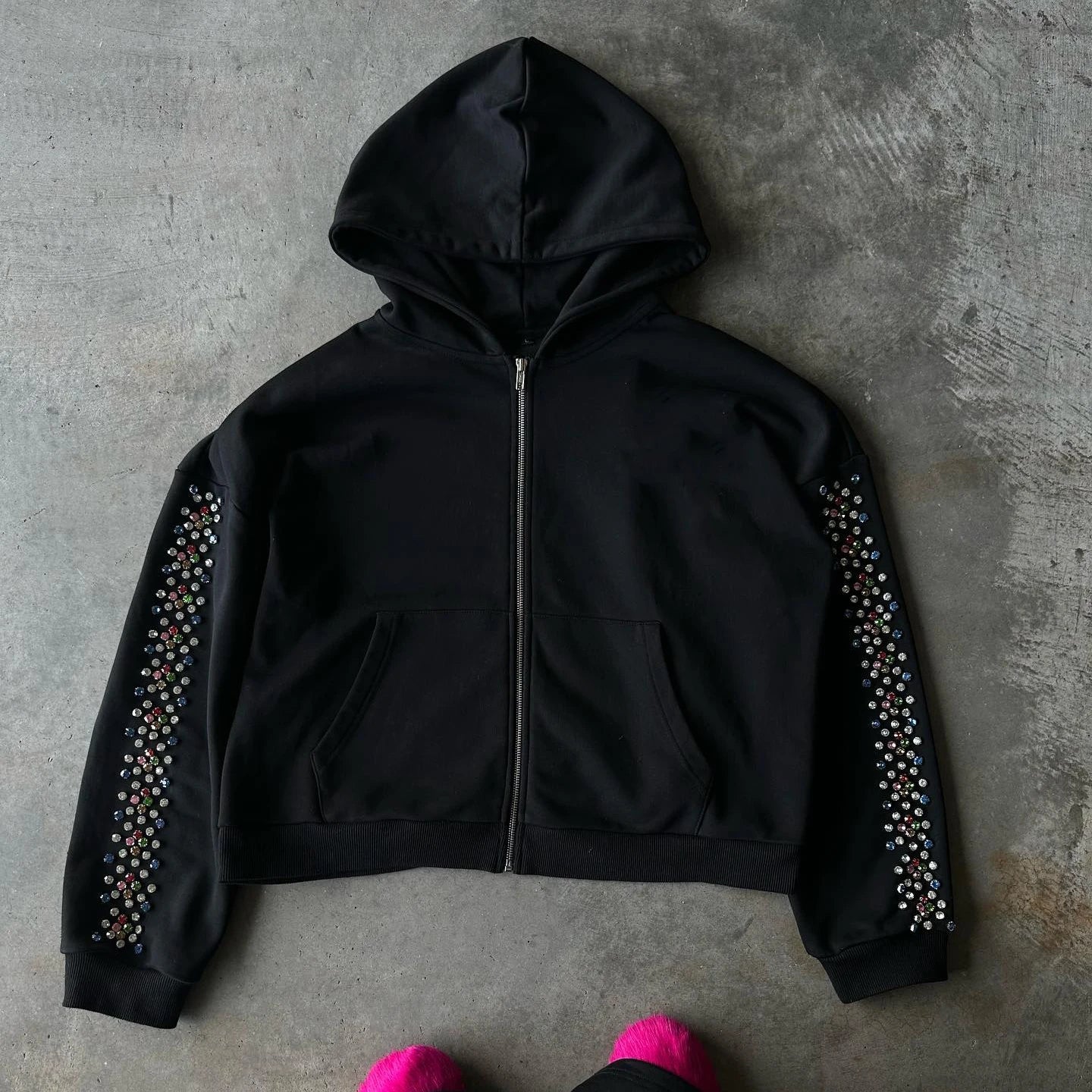 US Free Tax Streetwear Oversized French Terry Fleece Blank Boxy Cropped Zip up Rhinestone Hoodies for Men