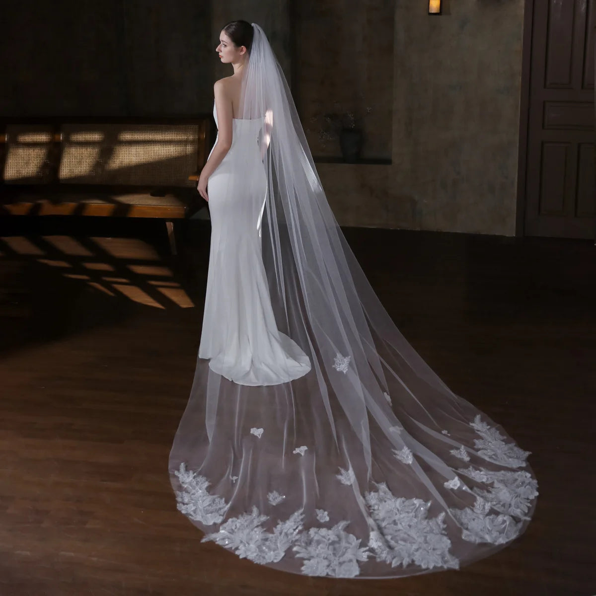 SLBRIDAL One-Layers Lace Flower Bridal Veils With Combs Wedding Veils Wedding Wear Accessories for Bride Mariage Women