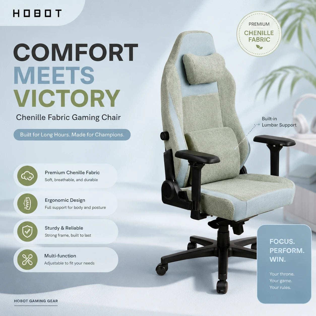 Custom HOBOT Chenille Fabric Zero Gravity Ergonomic Gaming Chair Built-in Lumbar Support Steel Frame Racing Office Furniture