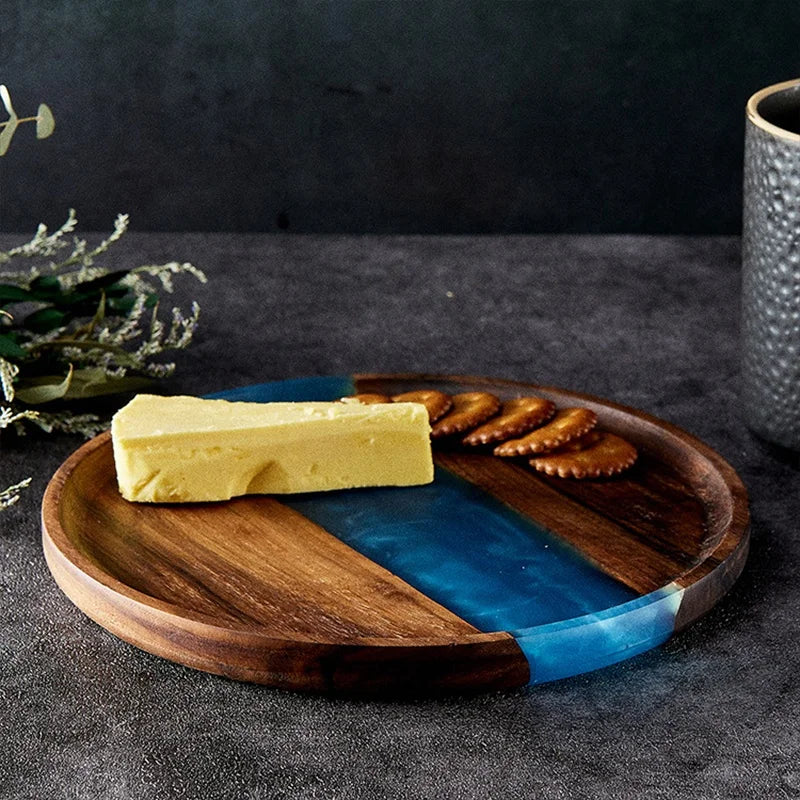 Round Epoxy Resin and Black Walnut Wood Tray Restaurant bar Home Decor Wooden Decorative Serving Tray