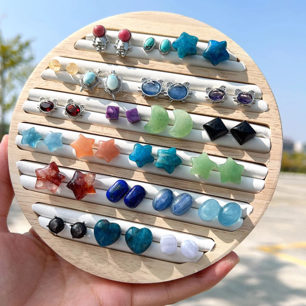 Hot Sales Women's Polished Healing Stones Earrings Natural Amethyst Larimar Rose Quartz Crystal Heart Moon Star for Gifts