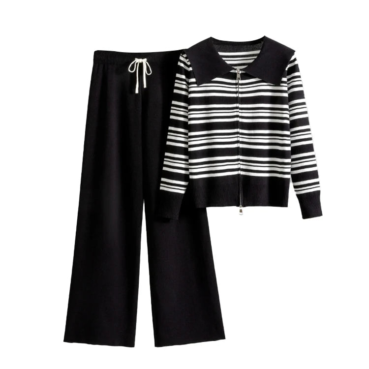 Spring Autumn Knitted Cardigan Set Casual Loose Striped Knitted Cardigan and Knitted Pants Set Knitted Two Piece Set for Women
