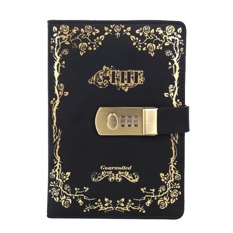 A5 Vintage PU Leather Hard Cover Lock Diary Notebook with Coded Lock 3D Password Design Notebook