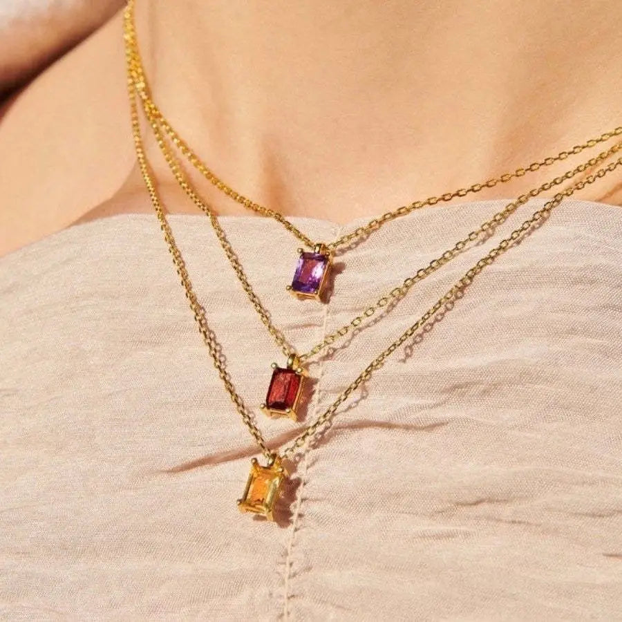 18K Gold Plated Female Clavicle Necklace Stainless Steel Rectangular December Birthstone Pendant with Colored Zircon Chains Type