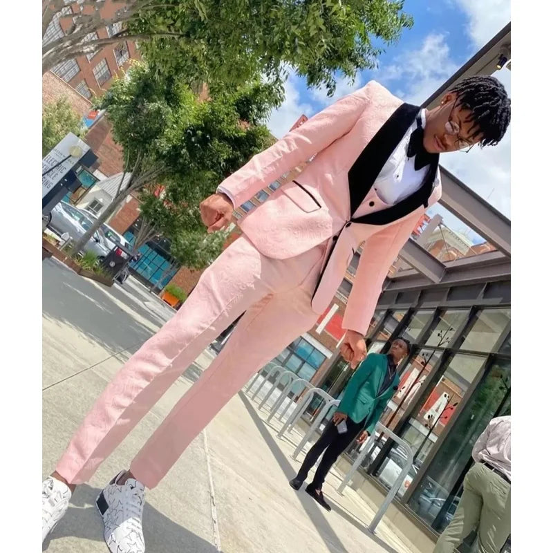 Pink Jacquard Young Men Suits for Prom Party Blazer Jacket Men Tuxedos Student Graduation Suit 3 Piece Coat+Vest+Pant