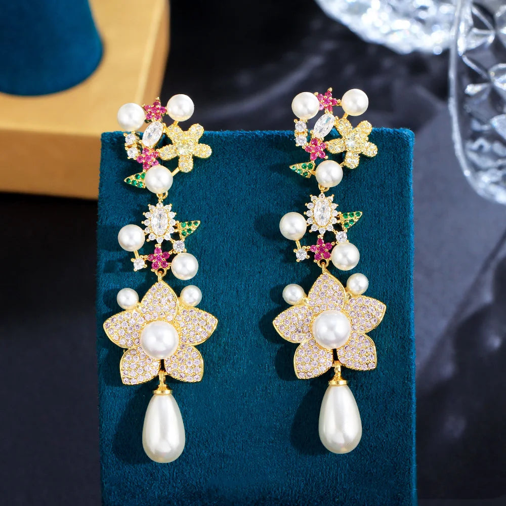 Pretty Pink Red Cubic Zirconia Paved Long Cluster Flower Dangle Drop Pearl Earrings for Women Festive Wedding Beautiful Jewelry
