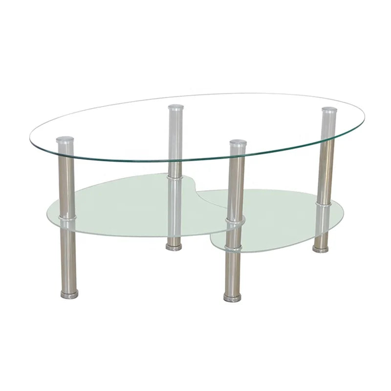 Cheap Modern Extendable Oval Tempered Glass Top Coffee Table with Stainless Steel Legs for Living Room Furniture