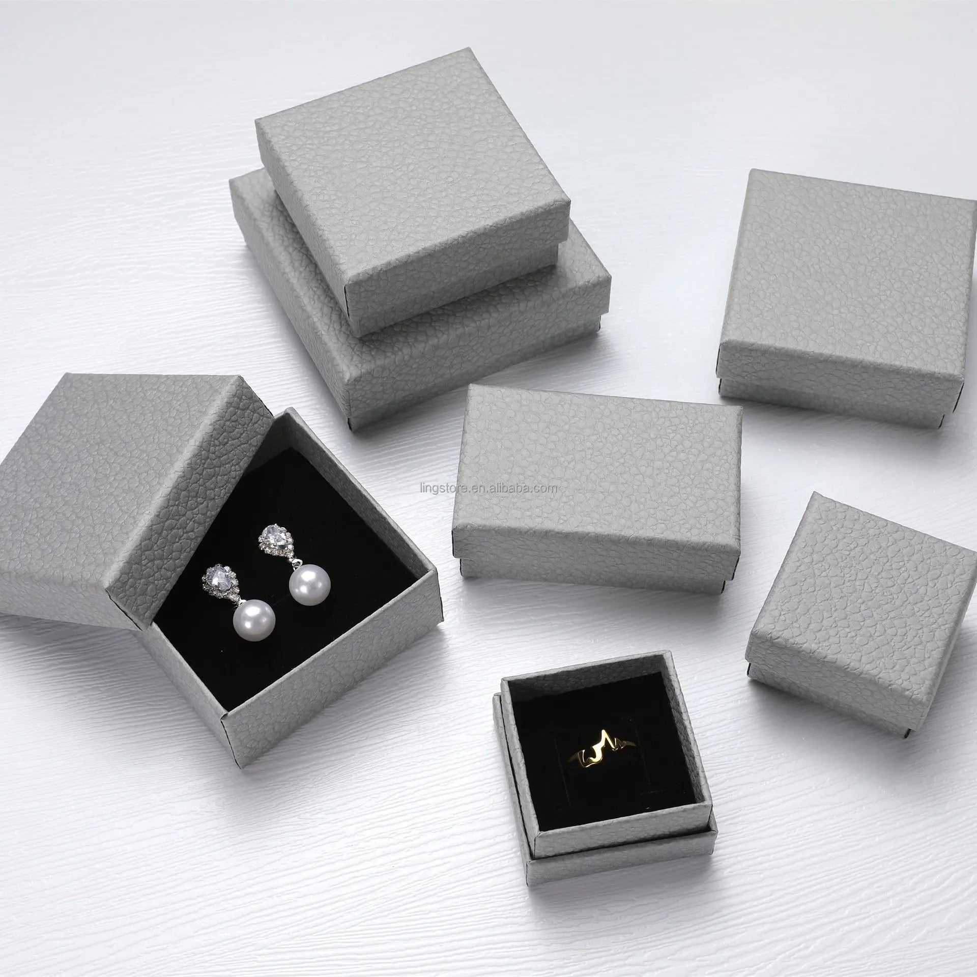 Grey Lychee Textured Jewelry Box with Lid Ring Earrings Packaging Cardboard Boxes Necklace Pendant Gift Paper Bracelet Holder