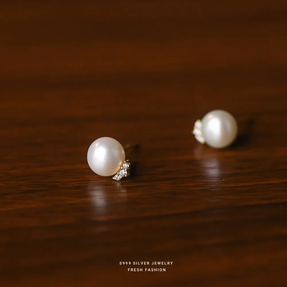 8MM Natural Pearl  S925 Sterling Silver Earrings Shiny Zircon Stud Earrings Light Luxury French Plated Gold Silver Earrings
