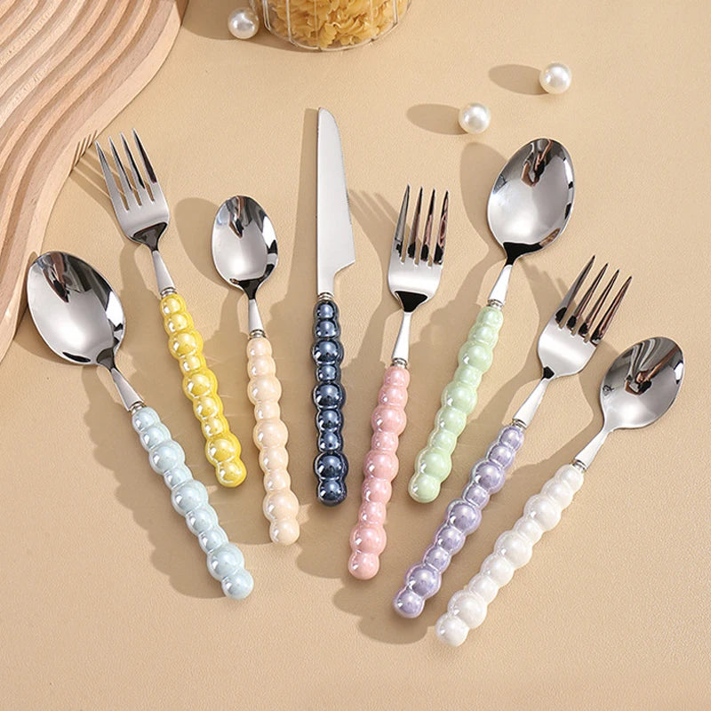 Western Steak Knife and Fork Set with Pearl Ceramic Handle 4pcs 304 Stainless Steel Flatware for Tableware