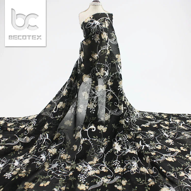2026 Beautiful Floral Chiffon Digital Printing Embroidered Fabric for Kids and Girls Dress