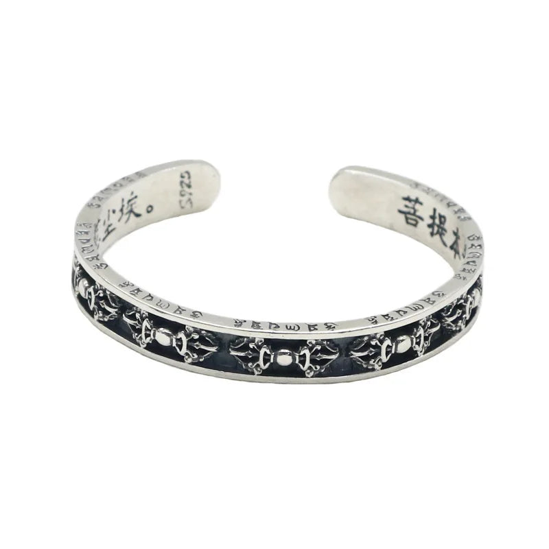 925 Sterling Silver Retro Bangles Bracelet for Men Women Heart Sutra Demon Subduing Pestle Diamond Pestle Bracelet Jewelry DIY