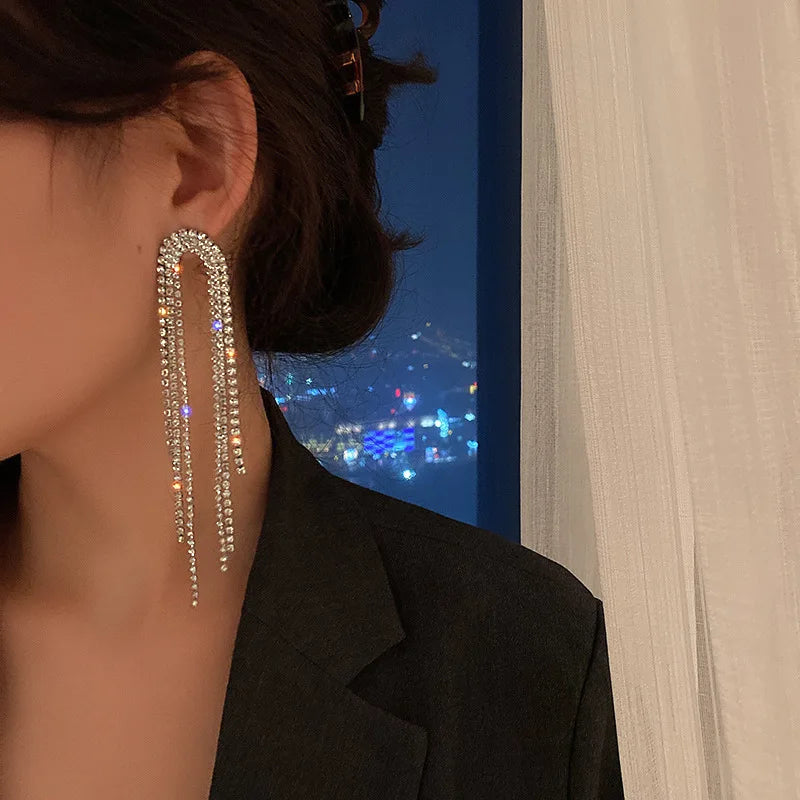 Brincos Femininos  Long Tassel Crystal Drop Earrings Brincos Brilhantes Women Geometric Bling Bling Full Rhinestone Earrings