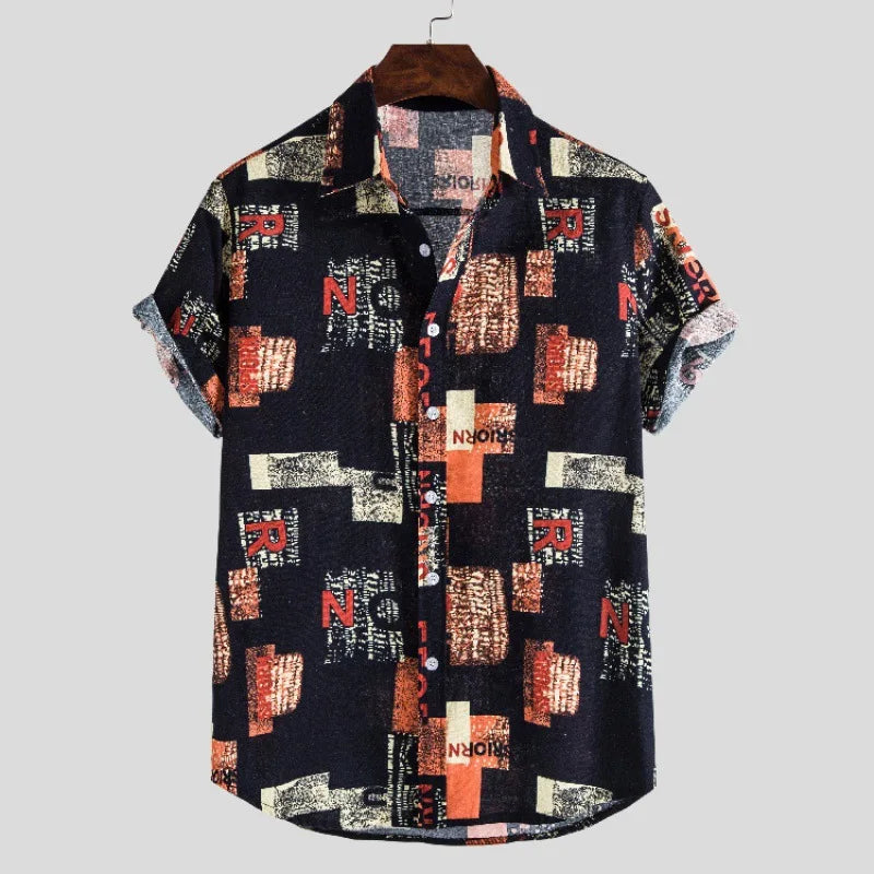 2023 New Men's Casual Short Sleeve Shirt Fashion Loose Printed Short Sleeve