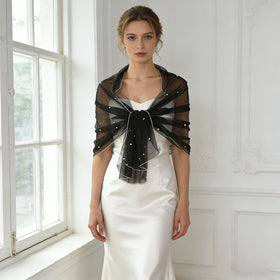 YouLaPan VG91 Popular Women's Cape One Piece Pearl Tulle Crop Top Wedding Party Evening Gown Shawl Bridal Bolero
