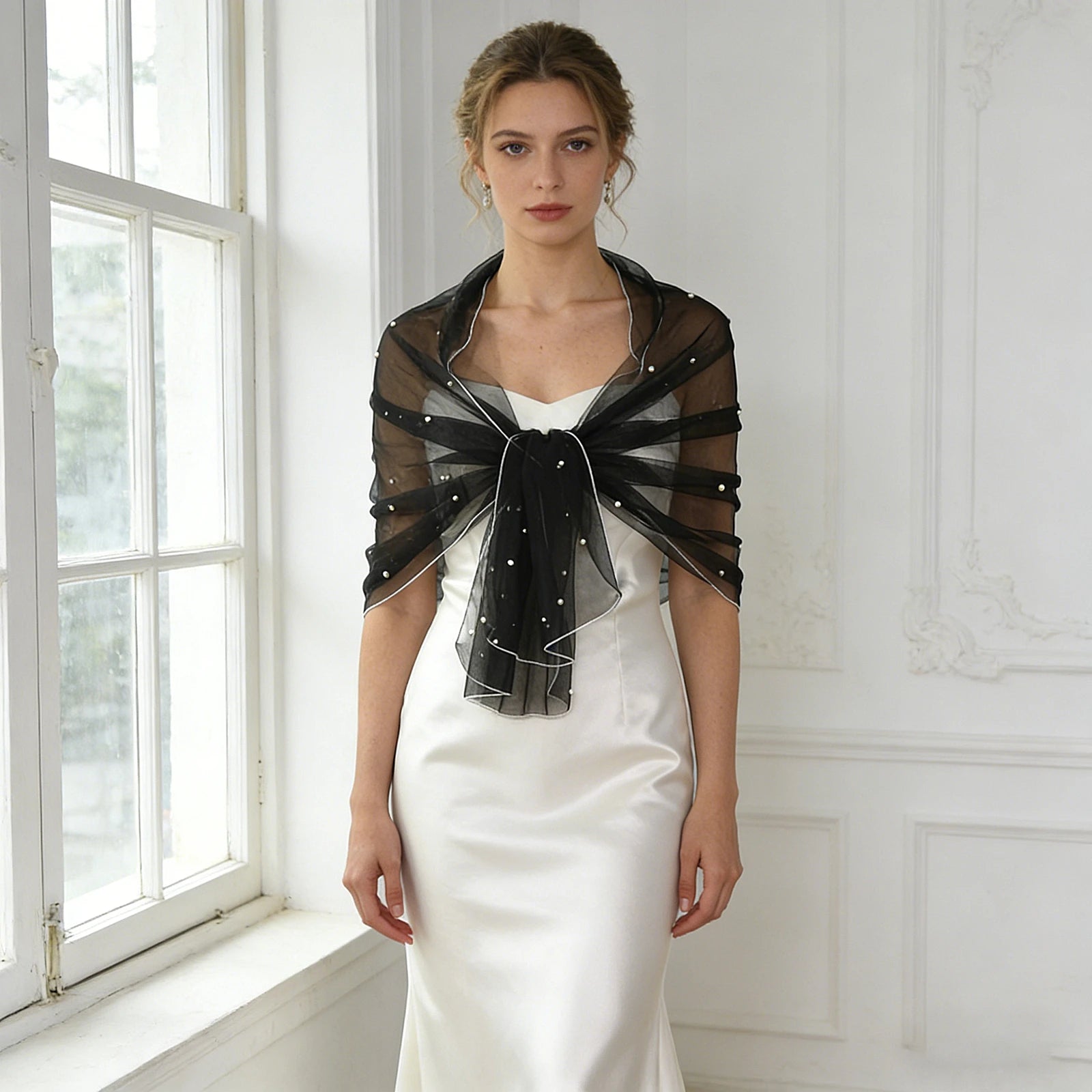 YouLaPan VG91 Popular Women's Cape One Piece Pearl Tulle Crop Top Wedding Party Evening Gown Shawl Bridal Bolero