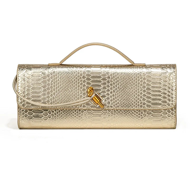 Women  Golden Snake Pattern Hand Clutch Bag Purse for Ladies Lock Evening Party Bag with Removable Strap Maroon Crossbody Bag