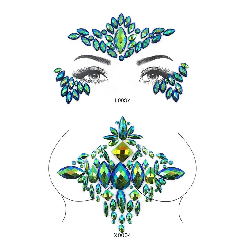 Eco-Friendly Festival Green AB Gems Body Sticker Temporary Crystal Rhinestone Tattoo Face Stickers Chest Sticker for Parties