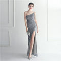 19975# Craft Beaded Single Shoulder Strap Bag Slit Bare Legs Nightclub Evening Dress