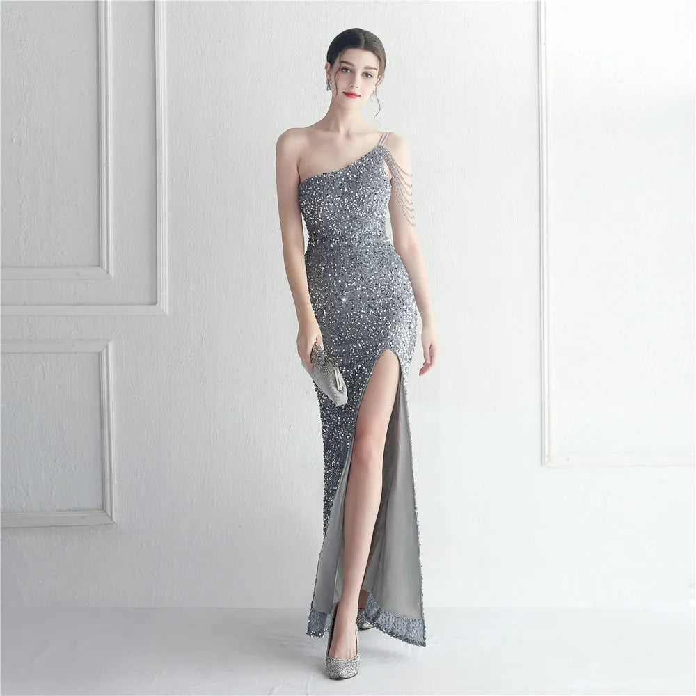 19975# Craft Beaded Single Shoulder Strap Bag Slit Bare Legs Nightclub Evening Dress