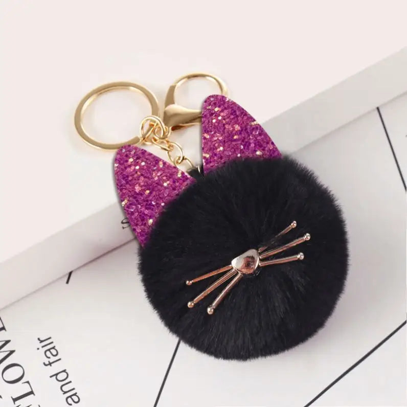 Wholesale Fashion Pendant Cute Plush Key Chains Promotion Cartoon Rabbit Fur Cat Ears Pom Pom Fur Ball Furry Puff Ball Keychain