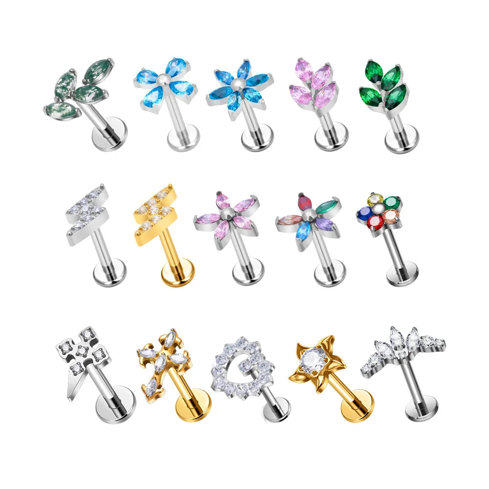 ASTM F136 Titanium 16G Internal Thread Zircon Inlay Labret Flat Back Lobe Helix Tragus Moon Cross Earrings Piercing Jewelry