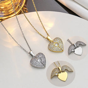 Jachon Special Design Stainless Steel Engraving Opening Heart Pendant Clavicle Zircon Necklaces Fashion Jewelry Necklaces