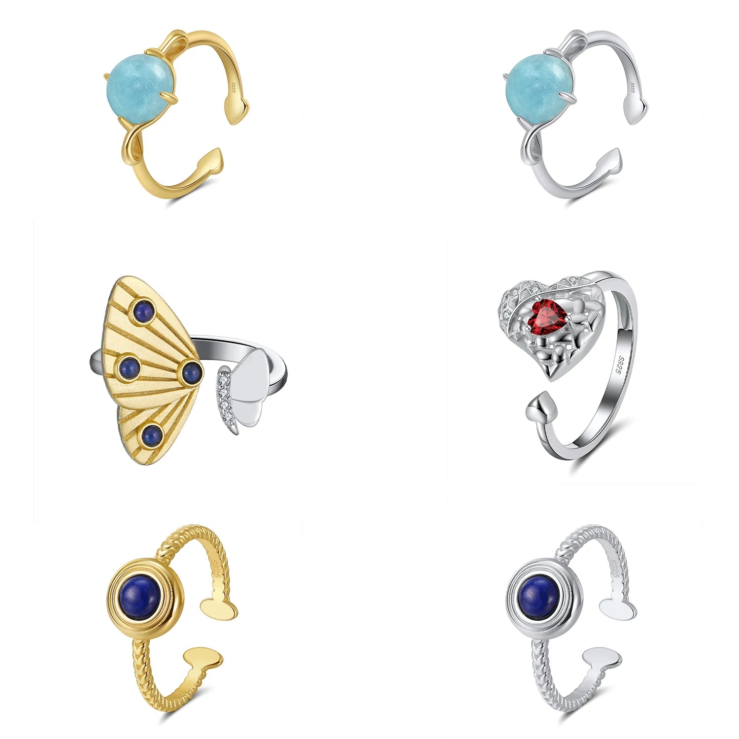 Low MOQ OEM 925 Sterling Silver Koi Fish Adjustable Ring Natural Moonstone Aquamarine Gemstone for Fine Jewelry Suppliers