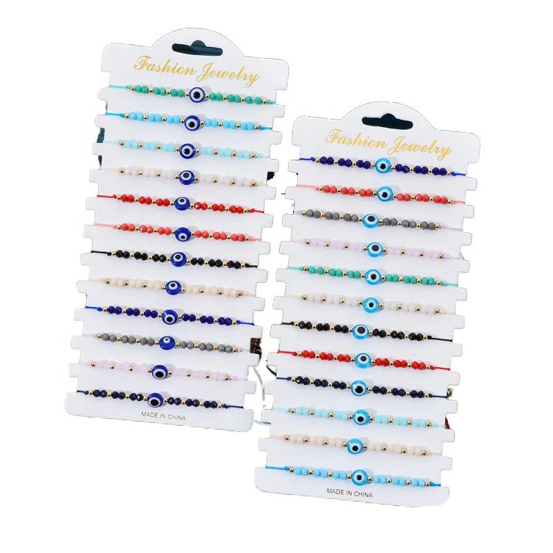 Multicolor Devil's Eye Beaded Bracelet Set 12 Knotted Woven Glass Crystal Rice Bead Bracelets Polyester Evil Eyes Bangles