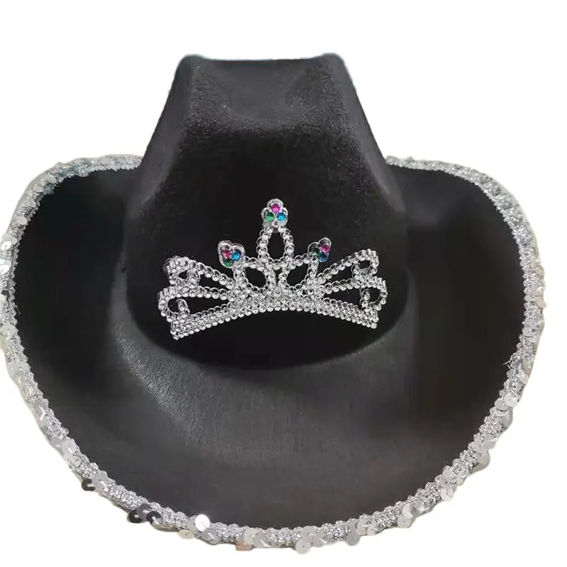 Western Tiara Women Girl Black Cowboy Hat for Holiday Party Costume