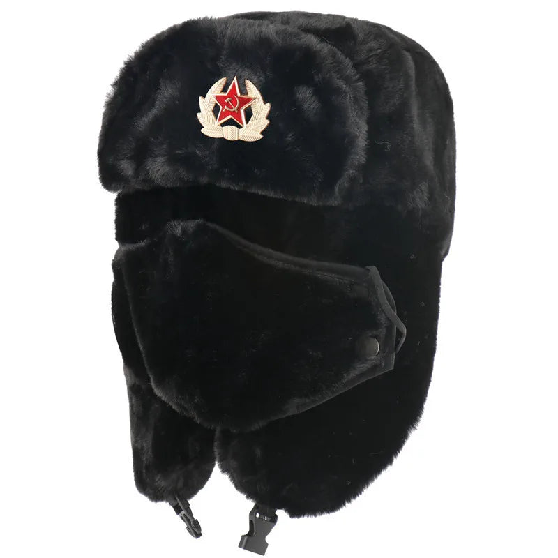 Russian Soviet Hats Artificial Rabbit Fur Ushanka Winter Cold Weather Hat for Men with Soviet Red Star