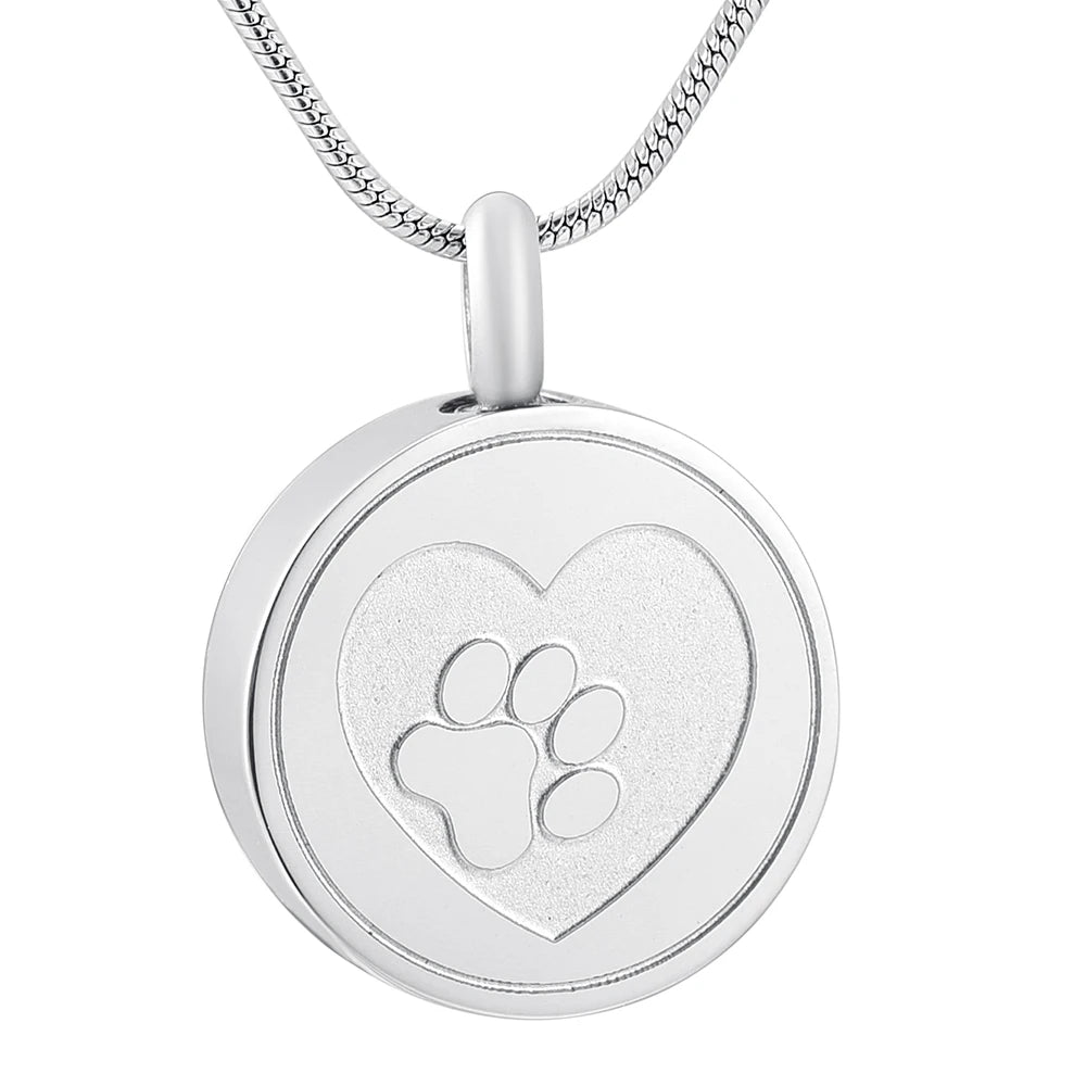 Stainless Steel Cremation Round Urn Necklace Ash Jewelry Paw Print Keepsake Heart Pendant Memorial Ash Holder Jar Pet Cremation