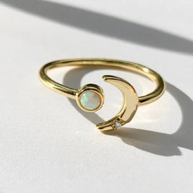 Hot Selling Fashion Ins Style Natural Opal Moon Sun Zircon Ring Art Retro Personalized Trend Opening Moon Ring Fashion Jewelry