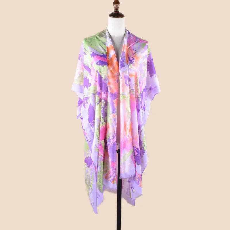Summer Women's Thin Cardigan Sun protection Clothing Fashionable Printed Satin Cotton and Linen Shawl Seaside Travel Beach Towel