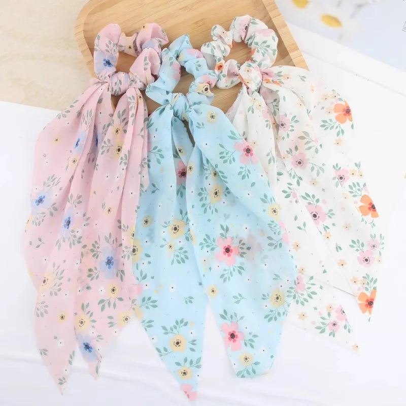 HOVANCI Girls Elastic Hair Ties Big Long Bow Scrunchies Chiffon Flower Scarf Scrunchies for Women Hair Accessories