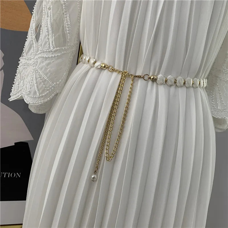 18K Gold Plated Ladies' Thin Metal Belt Women's Waist Chain Decoration with Shell Pearl for Party or Gift Body Jewelry