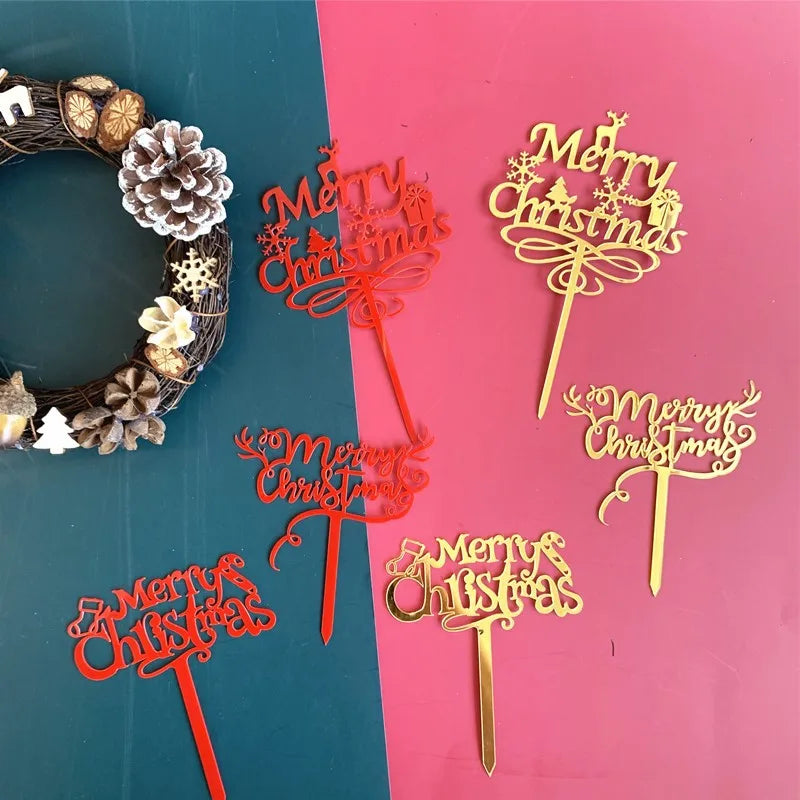 Merry Christmas Baking Cake Decorated Acrylic Gold Red Cake Toppers for Christmas Cake Decorations