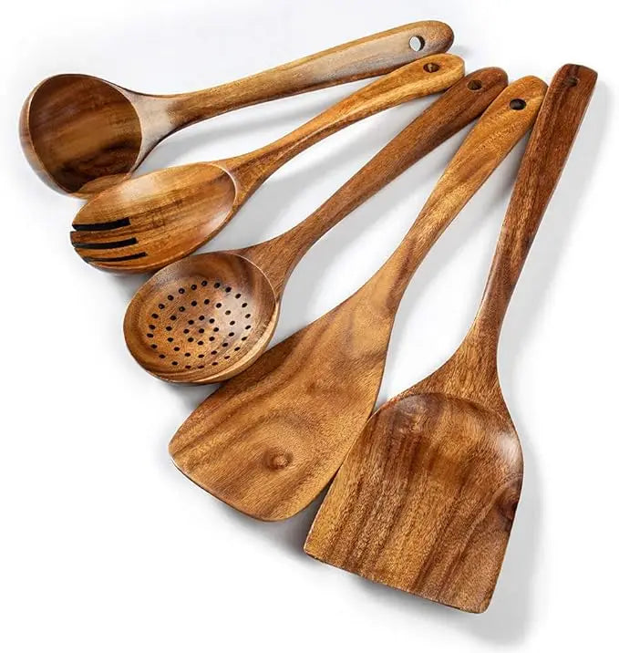 Great Wooden Cooking Tool Set 5-Piece Natural Acacia Spurtle for Non-Stick Pans Home Kitchen Utensils
