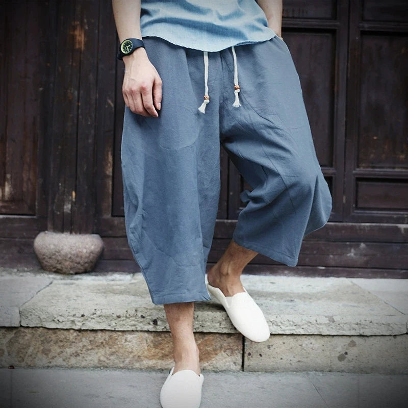 Clearance Sales Chinese Style Men's Casual Trousers Cotton Linen Baggy Wide Leg Pants Mid OEM Service Available for