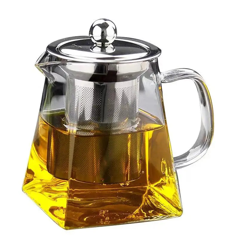Hot Sale Custom logo 350/550/750/950ml Square High Borosilicate Glass Stainless Steel Infuser Glass Teapot Tea Kettle