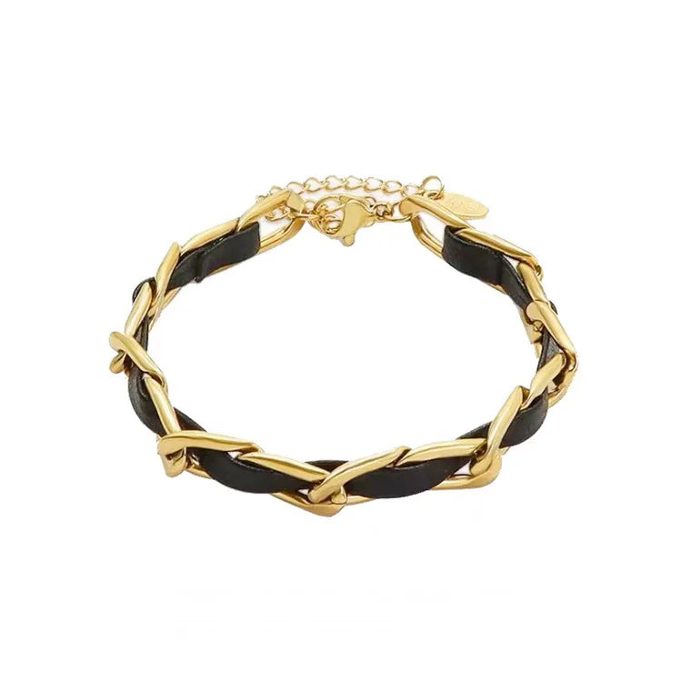 Luxury Trendy Titanium Steel Leather Mixed Bracelet for Women Stainless Steel High-class Gold Color Bracelet