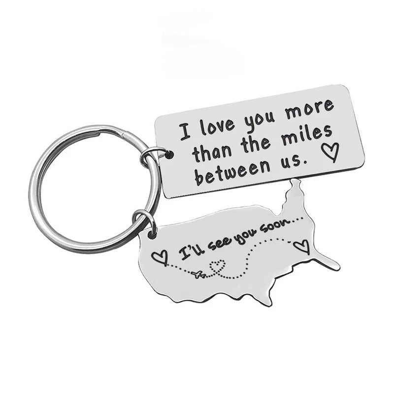 I Love You More Than the Miles Between Us Stainless Steel Map Keychains Couples Long Distance Relationship Boyfriend Gift